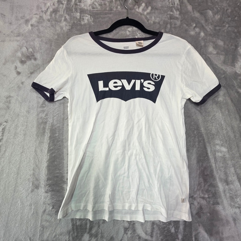 Levis Womens Ringer T-Shirt White Navy Blue Batwing Logo XS Cotton Tee